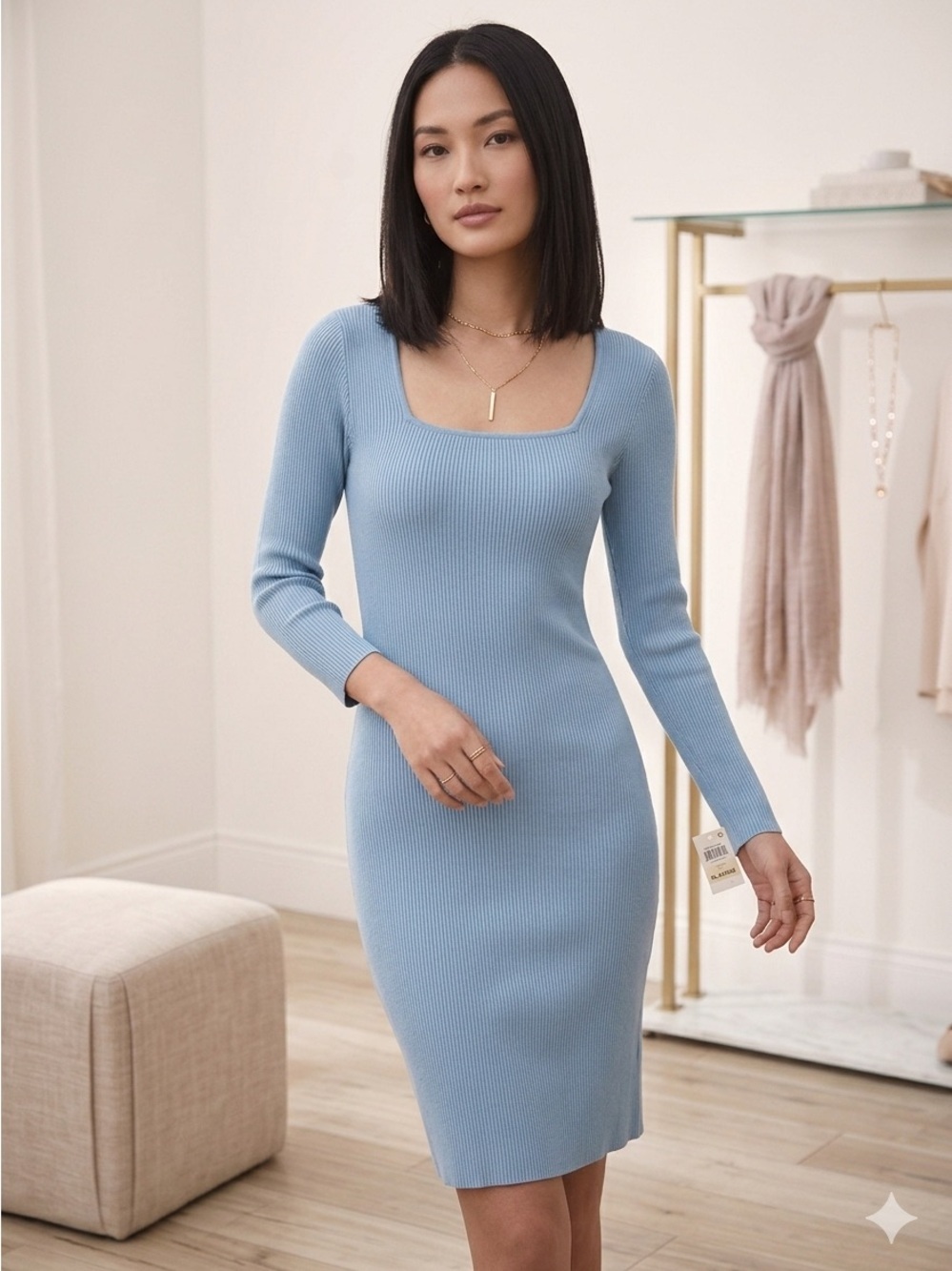 NWT BAR III Dress Women's Size XL Alaska Blue Long Sleeve Rib-Knit Bodycon Midi